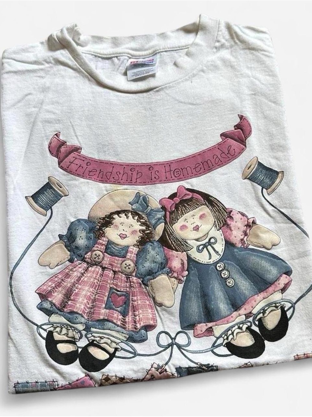 Vintage 1990s Friendship Is Homemade Doll Graphic Tee - White with Pink Blue XL